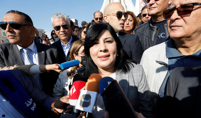 Abir Moussi speaks to the media during a protest demanding the dissolution of parliament and asking for early legislative elections, in Tunis, Tunisia November 20, 2021. (Reuters/File)