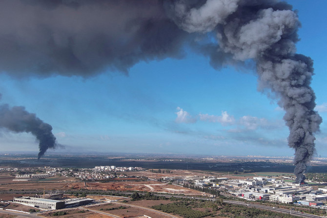 Smoke is seen in the Rehovot area in Israel as rockets are launched from the Gaza Strip on Oct. 7, 2023. (Reuters)
