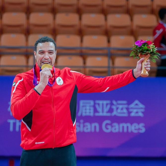 UAE jiu-jitsu star Faisal Al-Ketbi celebrates his gold medal at the Asian Games in China. (UAEJJF)