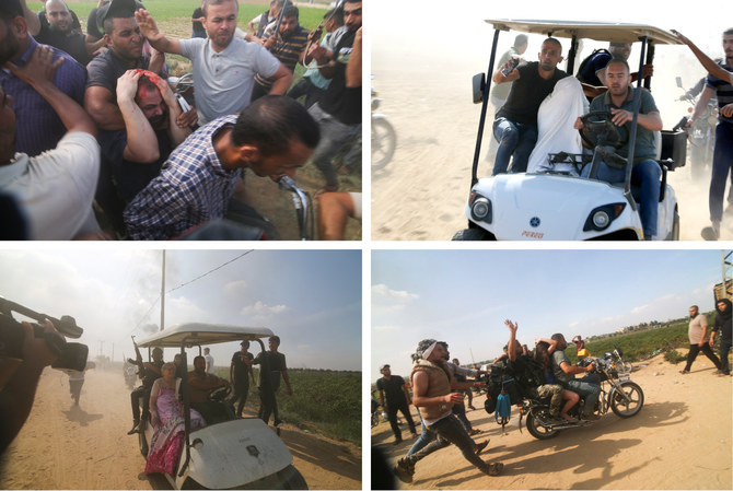 Hamas militants transport Israeli civilians captured from Kibbutz Kfar Azza into the Gaza Strip on Oct. 7, 2023. The Palestinian armed group is believed to have seized at least 130 captives during a multi-front attack on Israel at daybreak Saturday, catching the country off-guard on a major holiday. (AP Photos/Hatem Ali)