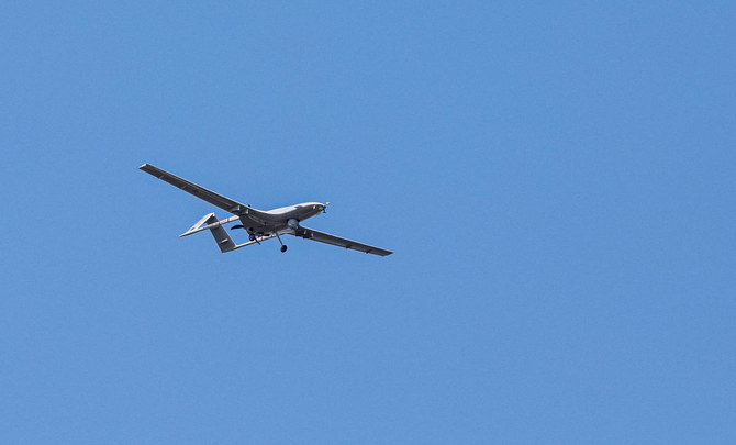 A Bayraktar TB2 unmanned combat aerial vehicle is seen during a demonstration flight at Teknofest aerospace and technology festival in Baku, Azerbaijan in May 2022. (Reuters)