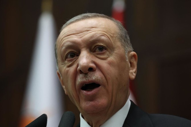 Turkish President and the leader of the Justice and Development (AK) Party Recep Tayyip Erdogan speaks during his party's group meeting at the Turkish Grand National Assembly in Ankara, Turkiye on October 11, 2023. (Photo by Adem ALTAN / AFP)