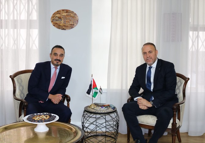 Saudi Ambassador to Britain Prince Khalid bin Bandar meets with Head of the Palestinian Mission to the UK Husam Zomlot. (X/@hzomlot)