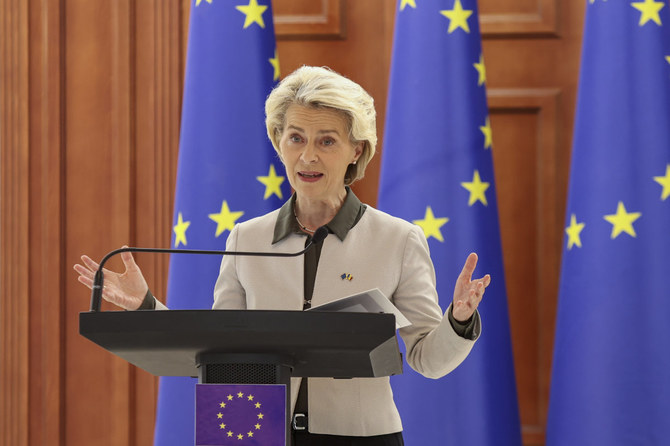 European Commission President Ursula von der Leyen speaks after a meeting with Moldova's President Maia Sandu, in Chisinau, Moldova, on Oct. 12, 2023. (AP Photo)