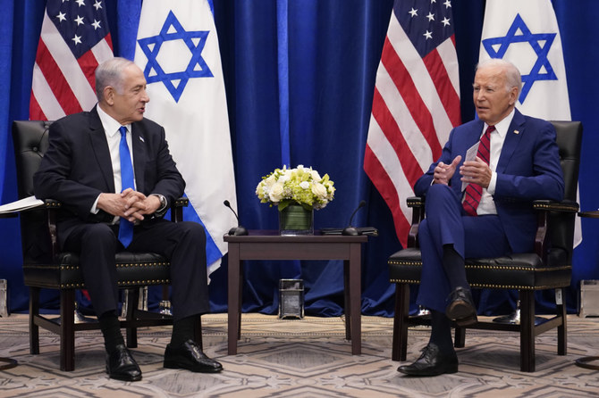 This photo taken on Sept. 20, 2023, shows US President Joe Biden meeting with Israeli Prime Minister Benjamin Netanyahu in New York. Biden on Sunday warned that Israel would be making a big mistake if it occupies Gaza Strip. (AP/File)