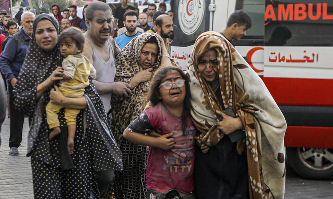Wounded Palestinians arrive to Al-Shifa hospital, following Israeli airstrikes on Gaza City, central Gaza Strip, Monday, Oct. 16, 2023. (AP)