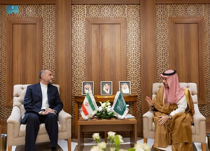 Saudi Foreign Minister Prince Faisal bin Farhan discussed the current military escalation in Gaza with Hossein Amirabdollahian in Jeddah on Wednesday. (SPA)