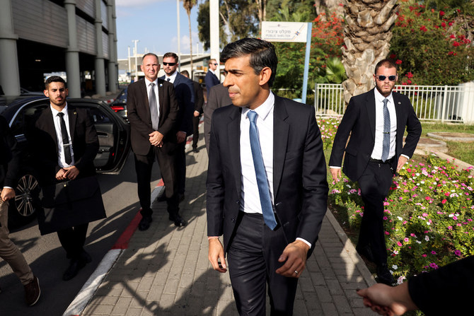 British Prime Minister Rishi Sunak walks after landing at Ben Gurion International Airport in Israel on Oct. 19, 2023. (Reuters)