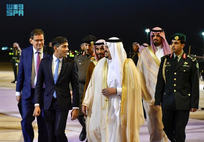 British Prime Minister Rishi Sunak arrived in Riyadh on Thursday. (SPA)