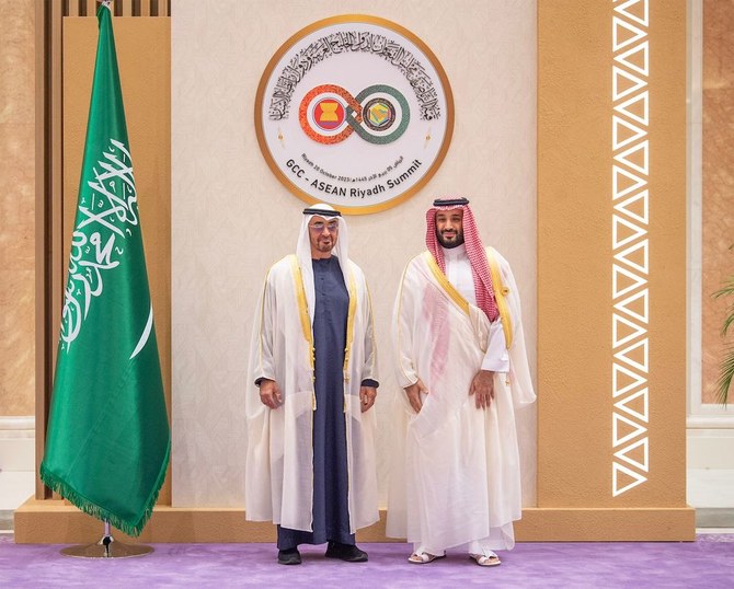 Saudi Crown Prince Mohammed bin Salman welcomes leaders from the ASEAN and GCC prior to the regional blocs’ maiden summit in Riyadh. (SPA)