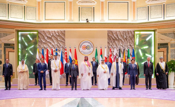Family group photo of leaders participating in the ASEAN-GCC Summit in Riyadh on October 20, 2023. (Front, L- R) Vietnam's Prime Minister Pham Minh Chinh, Crown Prince of Kuwait Sheikh Mishal al-Ahmad al-Jaber al-Sabah, Indonesian President Joko Widodo, the Emir of Qatar Sheikh Tamim bin Hamad al-Thani, the Sultan of Brunei Haji Hassanal Bolkiah Muizzaddin Waddaulah, Saudi Arabia's Crown Prince Mohammed bin Salman, Bahrain's King Hamad bin Isa al-Khalifa, UAE President Sheikh Mohamed bin Zayed al-Nahyan, Philippines President Ferdinand Marcos Jr, Singapore Prime Minister Lee Hsien Loong, and Oman's Deputy Prime Minister of Defense Affairs Sayyed Shihab bin Tarek bin Taimur al-Said. (SPA)