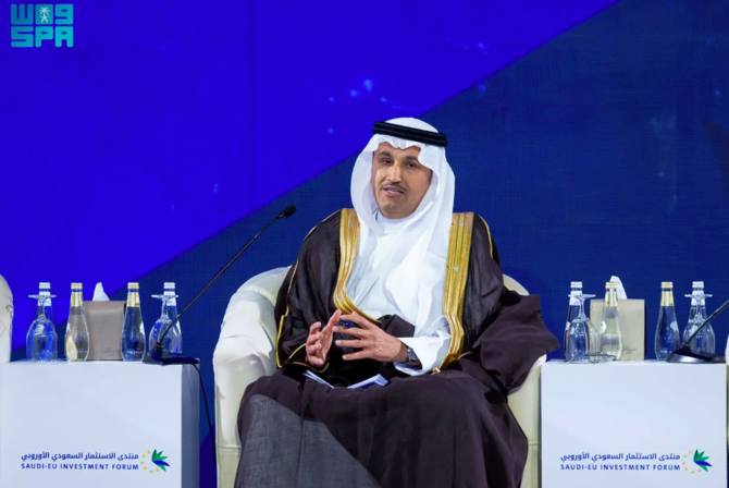 Saleh bin Nasser Al-Jasser speaking at the Saudi-EU Investment Forum. SPA.
