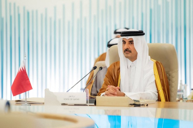 This handout picture provided by the Saudi Press Agency SPA on July 19, 2023 shows Qatar's Emir Sheikh Tamim bin Hamad Al Thani attending the GCC-Central Asia Summit in Jeddah. (AFP)