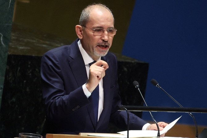 Ayman Safadi, Deputy Prime Minister and Minister for Foreign Affairs of Jordan, speaks to an emergency special session of the United Nations General Assembly on the ongoing conflict between Israel and Hamas at U.N. headquarters in New York. (Reuters)