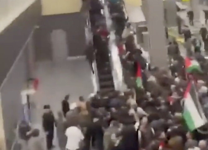 Hundreds of people storm the main airport in Russia’s Dagestan region to protest the arrival of an airliner from Tel Aviv, Israel. (Screenshot)