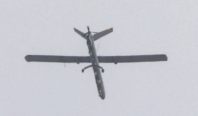 An Israeli Elbit Hermes 450 unmanned aerial vehicle (UAV or drone) flies along the border with the Gaza Strip near Sderot in southern Israel on October 27, 2023 amid ongoing battles between Israel and the Palestinian Hamas movement. (AFP)