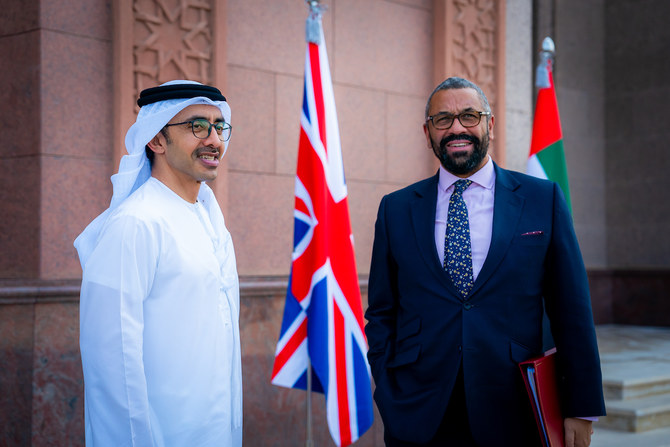 UAE’s Foreign Minister Sheikh Abdullah bin Zayed Al-Nahyan met his UK counterpart James Cleverly in Abu Dhabi. (WAM)