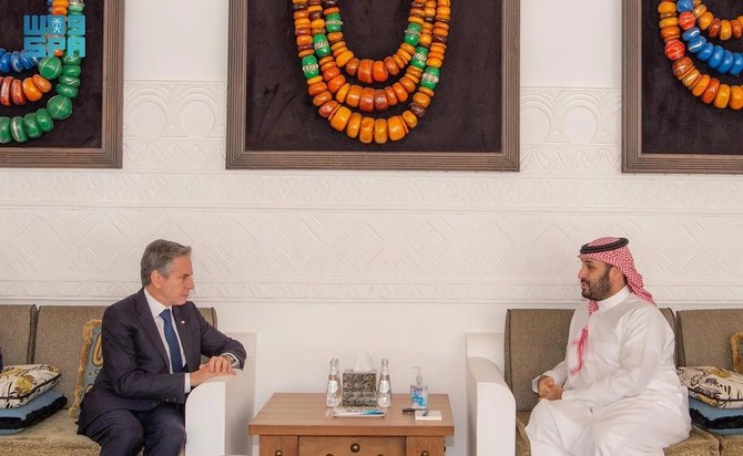 Crown Prince Mohammed bin Salman, met in Riyadh on Sunday with the US Secretary of State, Anthony Blinken. (SPA)