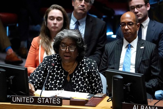 US Ambassador to the United Nations Linda Thomas-Greenfield speaks during the Security Council at the United Nations Headquarters on October 18, 2023 in New York. (AFP)