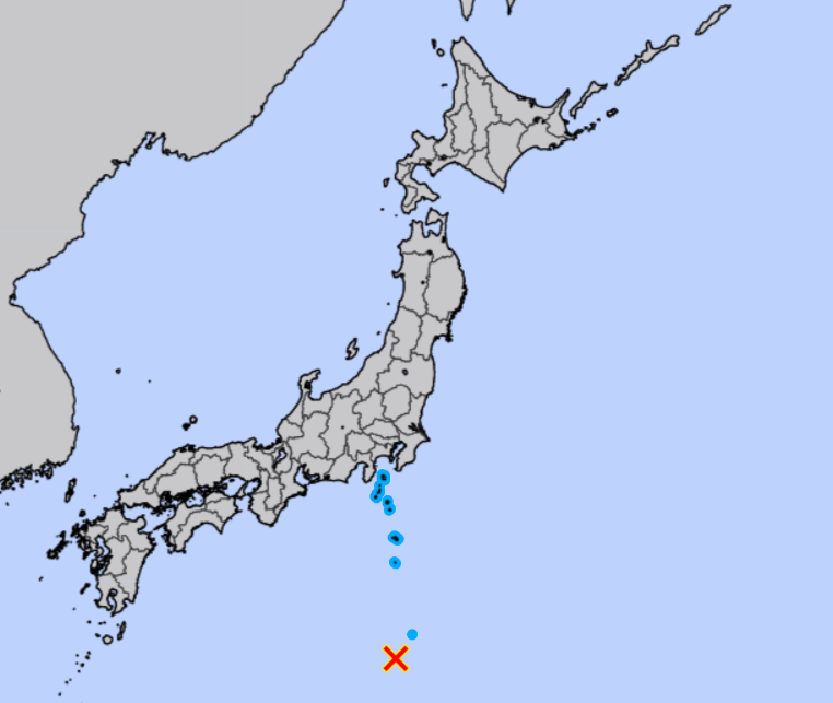 The earthquake, with a magnitude of 6.6, occurred around 11 a.m. at a depth of roughly 10 kilometers in waters off Torishima, the agency said. (Via Japan Meteorological Agency)