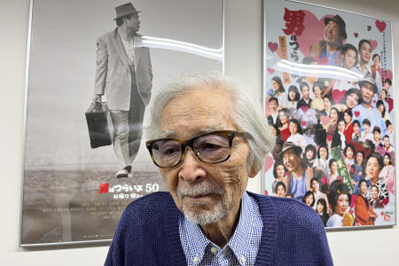 Japanese director Yoji Yamada, who has 90 films to his credit, talks to The Associated Press at a Shochiku office in Tokyo, Wednesday, Oct. 4, 2023. (AP)