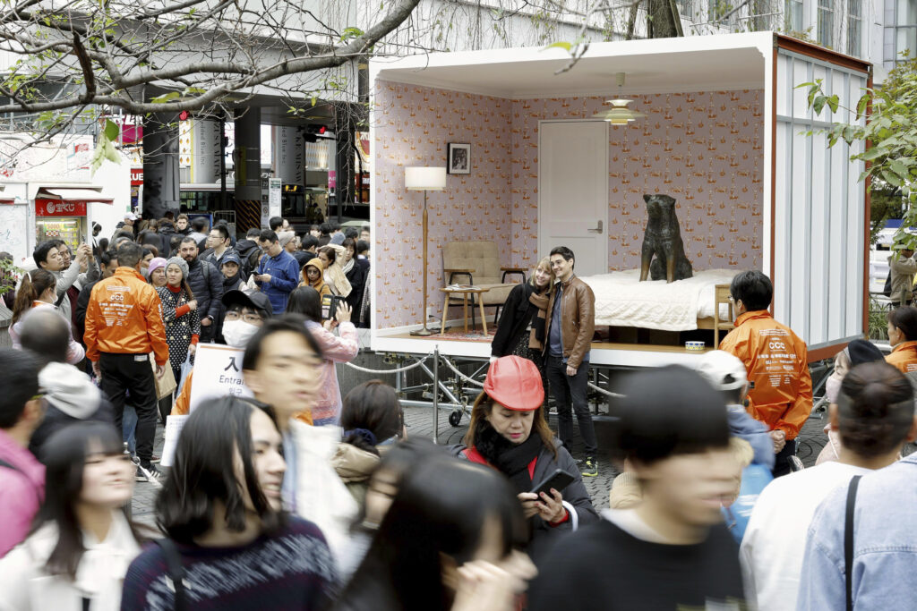 Visitors line up to take a photo in front of Tokyo Shibuya's iconic statue of Hachiko in a bedroom as it is unveiled to the public one day only to mark its 100th birthday, in Tokyo Sunday, Nov. 12, 2023. (Kyodo News via AP)