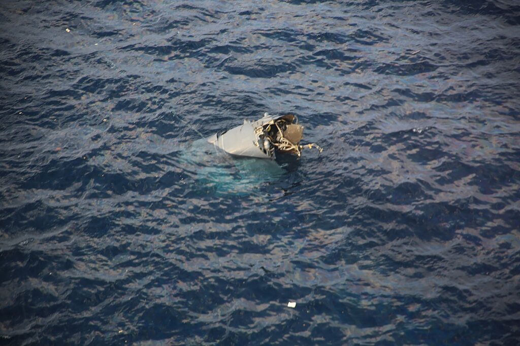 This handout photo taken on November 29, 2023 by Japan's 10th Regional Coast Guard Headquarters and received via Jiji Press shows the remains of a US Osprey aircraft that crashed at sea off the island of Yakushima. (AFP)