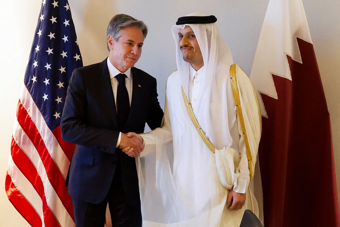 Blinken meets with Qatari Prime Minister and Minister of Foreign Affairs Mohammed bin Abdulrahman Al Thani at a hotel during a day of meetings, amid the ongoing conflict between Israel and Hamas, in Amman, Jordan, November 4, 2023. (Reuters)