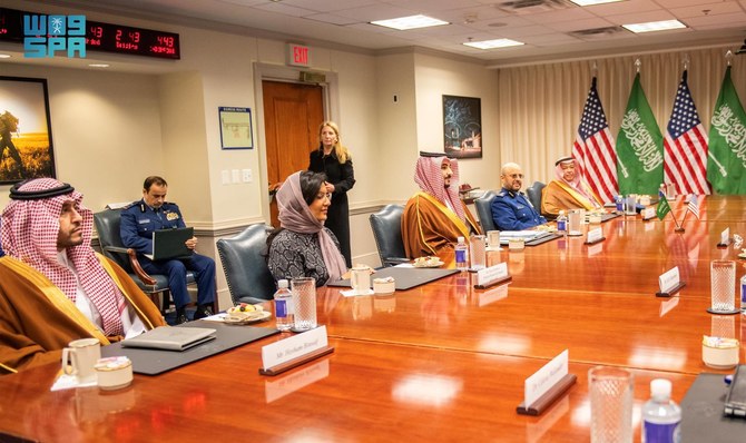 The US Secretary of Defense Lloyd Austin received the Saudi minister of defense, Prince Khalid bin Salman, on Wednesday. (SPA)