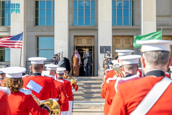 The US Secretary of Defense Lloyd Austin received the Saudi minister of defense, Prince Khalid bin Salman, on Wednesday. (SPA)