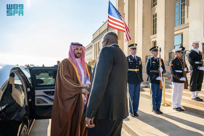 The US Secretary of Defense Lloyd Austin received the Saudi minister of defense, Prince Khalid bin Salman, on Wednesday. (SPA)