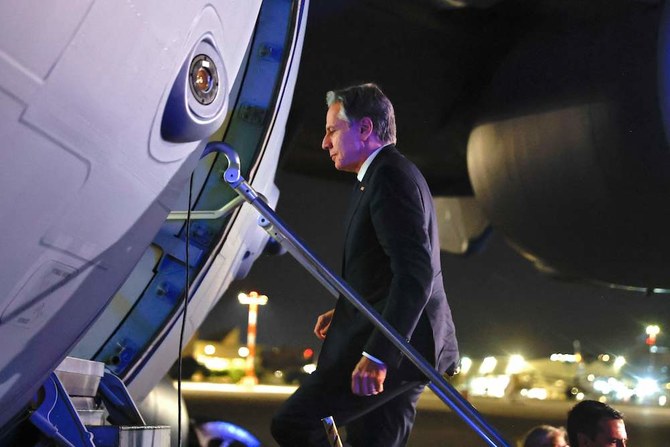 US Secretary of State Antony Blinken boards an aircraft as he departs Israel from Tel Aviv en route to Jordan. (AFP)
