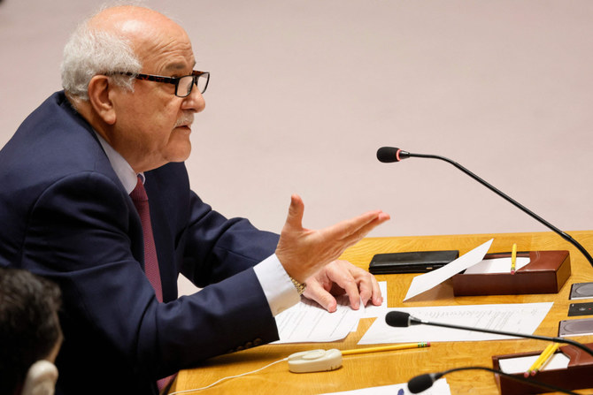 Riyad H. Mansour, Palestinian Permanent Observer to the United Nations, speaks during a Security Council meeting on the Israel-Hamas war at UN headquarters on October 30, 2023 in New York City. (Getty Images/AFP)