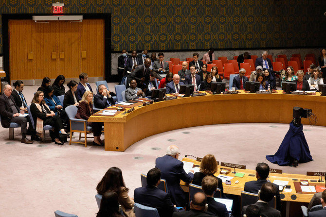 Members of the United Nations Security Council listen as Palestinian Permanent Observer Riyad H. Mansour speaks during a Security Council meeting on the Israel-Hamas war at UN headquarters on October 30, 2023 in New York City. (Getty Images/AFP)