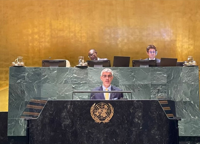 Saudi Arabia's ambassador to the UN, Abdulaziz Alwasil, speaking during a UN meeting. (X: @ksamissionun)