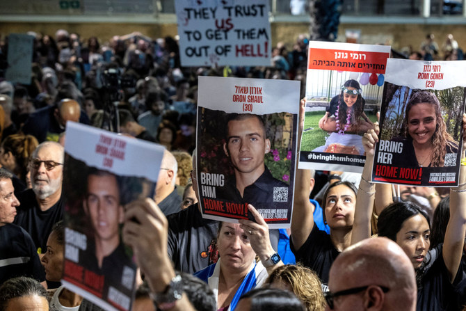 People rally in Tel Aviv, Israel, on November 4, 2023, to seek the immediate release of hostages hwho were seized in the October attack by Hamas gunmen. (Reuters)