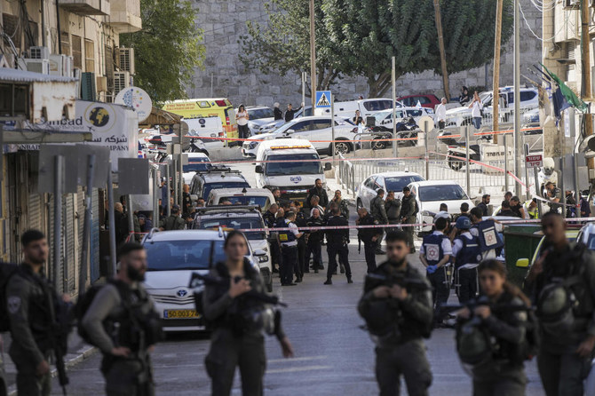 Israeli police inspect the scene of a stabbing attack in east Jerusalem, Monday, Nov. 6, 2023. (AP)