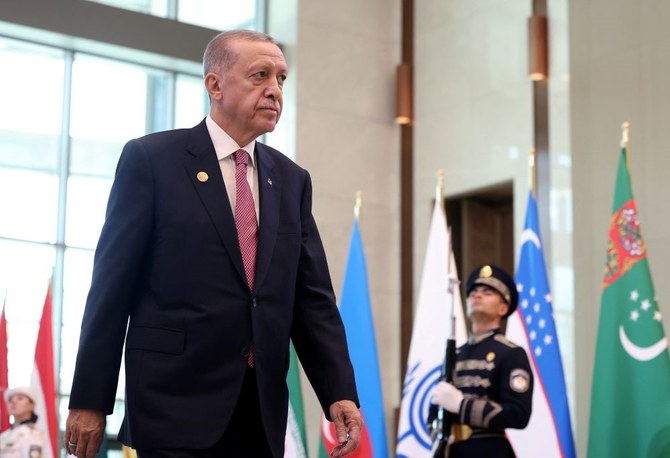 Turkiye’s President Tayyip Erdogan arrives at the 16th Economic Cooperation Organization Summit in Tashkent, Uzbekistan, Nov. 9, 2023. (Reuters)