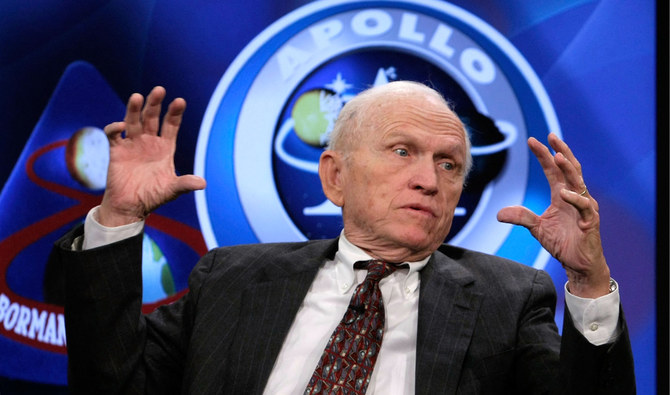 Apollo 8 crew member Frank Borman speaks during a live taping of a NASA TV program at the Newseum in Washington, DC, on November 13, 2008. (AFP/File)