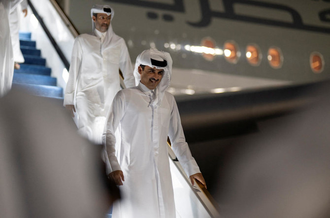 Before landing in Egypt, Qatar's Emir Sheikh Tamim bin Hamad al-Thani was in Abu Dhabi to stress need for immediate ceasefire during talks with his Emirati counterpart Sheikh Mohamed bin Zayed. (File/Reuters)