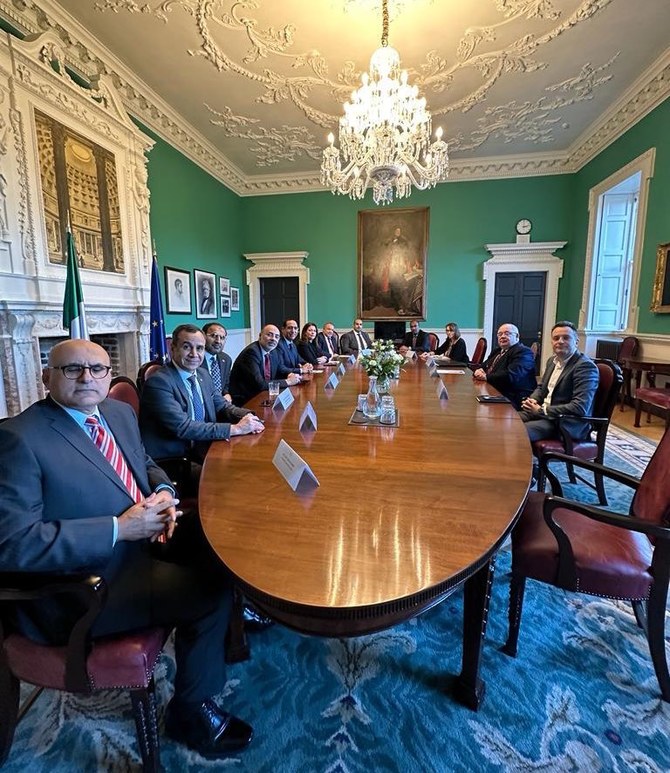 Arab ambassadors meet with the speaker of the Irish Parliament, Sean O Fearghail, in Dublin. (X/@KSAembassyIE)
