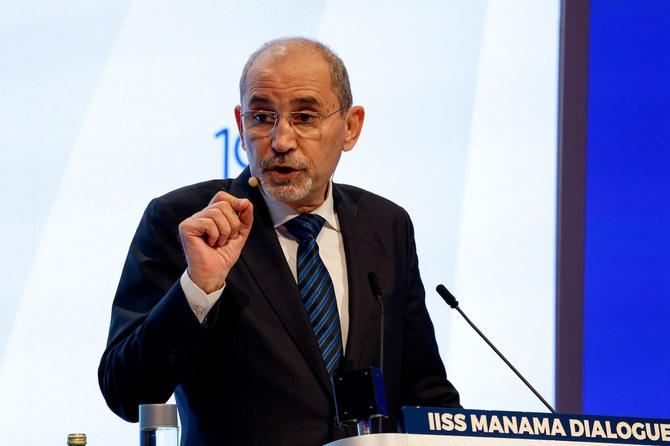 Jordanian Foreign Minister Ayman Safadi speaks at the IISS Manama Dialouge in Manama, Bahrain, November 18, 2023. (Reuters)