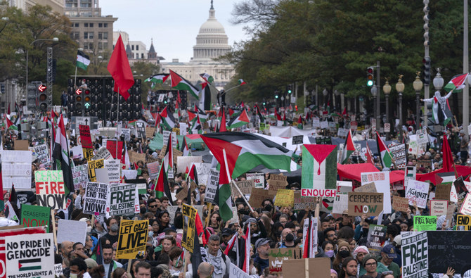 Thousands of protesters rally during a pro-Palestinian demonstration at Freedom Plaza in Washington, Saturday, Nov. 4, 2023. (AP)