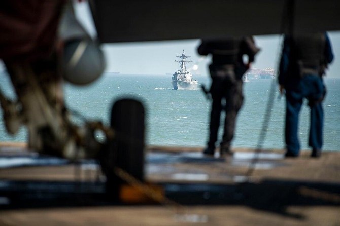 The guided-missile destroyer USS Thomas Hudner, center, shot down multiple one-way attack drones launched from Houthi controlled areas in Yemen. (US Navy)