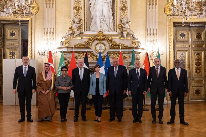 The foreign ministers of Arab and Islamic countries meet with their French counterpart Catherine Colonna in Paris. (SPA)