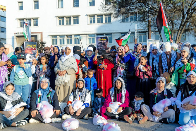 Morocco has issued increasingly strongly worded statements Israeli bombardment in Gaza wore on. Above, Moroccan women protest in Casablanca on Nov. 18, 2023 in solidarity with the Palestinian people. (AFP)