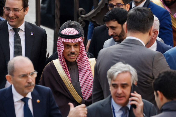 Saudi Arabia's Foreign Minister Prince Faisal bin Farhan Al Saud and Jordanian Foreign Minister Ayman Safadi arrive at the Union for the Mediterranean summit, in Barcelona, Spain, November 27, 2023. (Reuters)