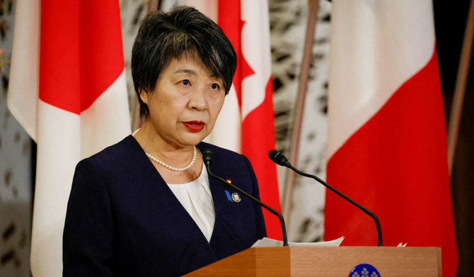 Japan's Foreign Minister Yoko Kamikawa, talks to members of the media during a press conference at the end of the second day of meetings of the G7 Foreign Ministers in Tokyo, Japan, November 8, 2023. (REUTERS)