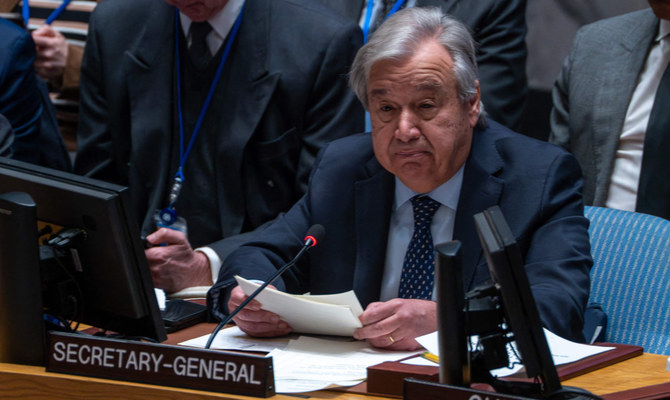 Secretary-General of the United Nations António Guterres speaks during a UN Security Council meeting on the situation in the Middle East, and the Israel-Hamas war at the United Nations headquarters on November 29, 2023 in New York City. The council sits on the sixth and final day of a truce between Hamas and Israel. (AFP)