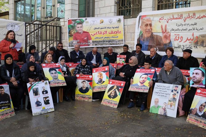 Relatives and supporters of Palestinians held in Israeli prisons stage sit-in in front of the Red Cross in the West Bank city of Ramallah, calling for their release. (File/AFP)